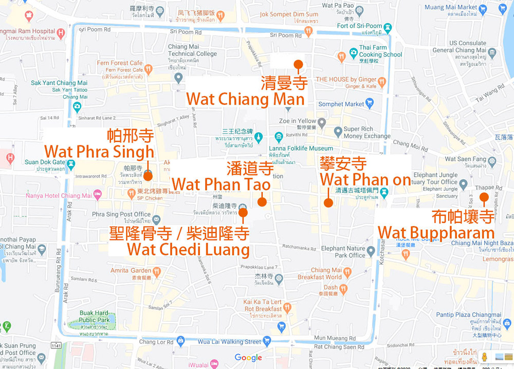 泰國 清邁 古城 寺廟 地圖 泰國寺廟 帕邢寺  聖隆骨寺 潘道寺 清曼寺 攀安寺 布帕壤寺