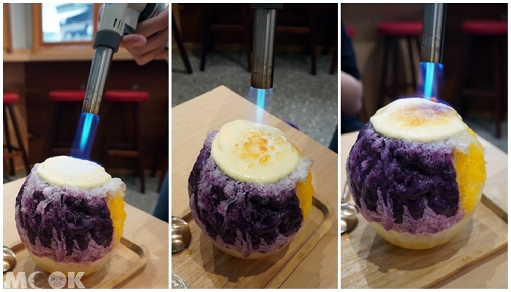 台灣台北市 中正區 東門站 金雞母刨冰甜品專門店 燒冰芒果藍莓炙烤過程
